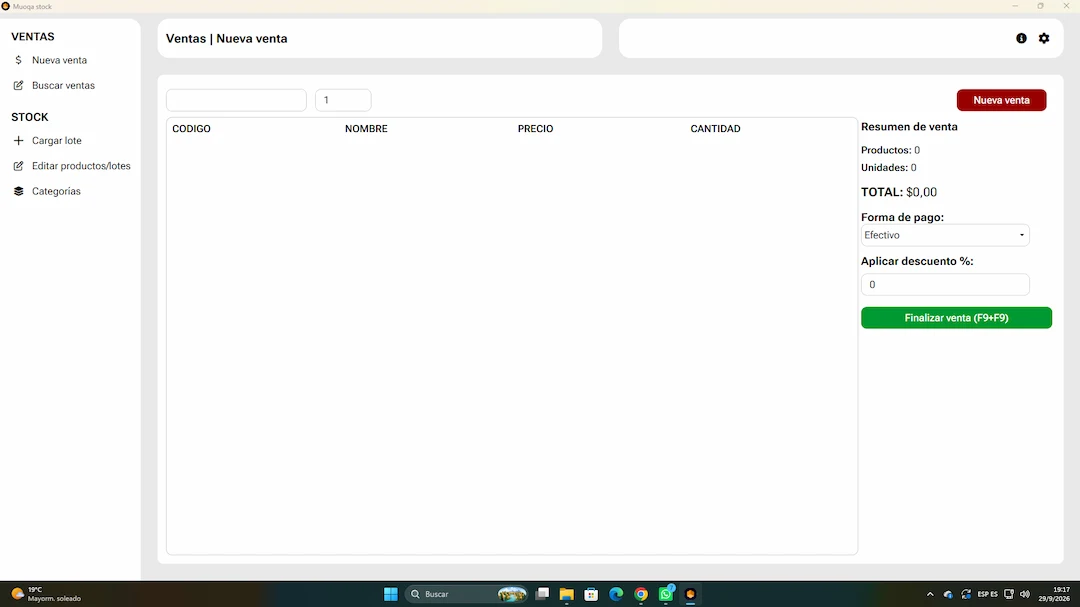 Pantalla principal de ventas de MuoqaStock